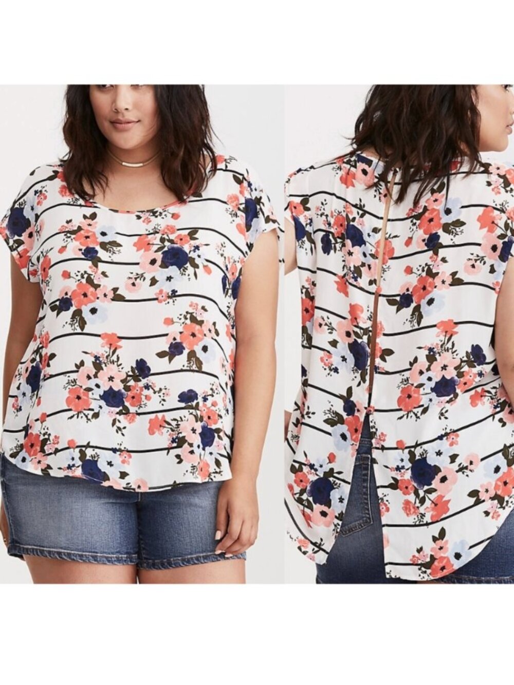 TORRID 2 Plus Size Floral Print Georgette Button Back Top Cream Ivory Striped 2X